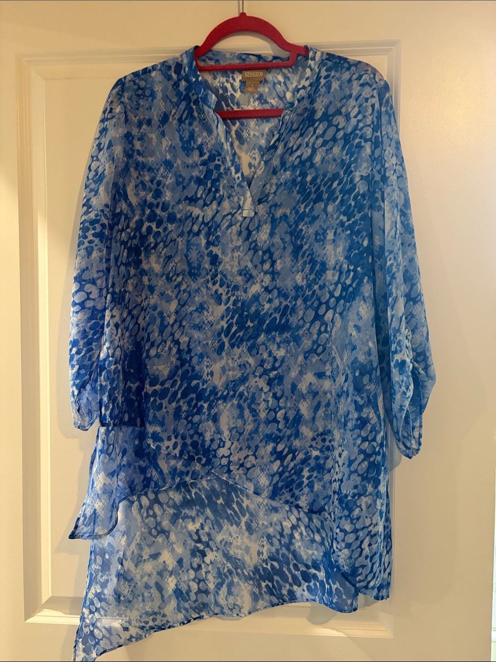 Chico's Blue & White Sheer Printed Swim Cover-Up Tunic